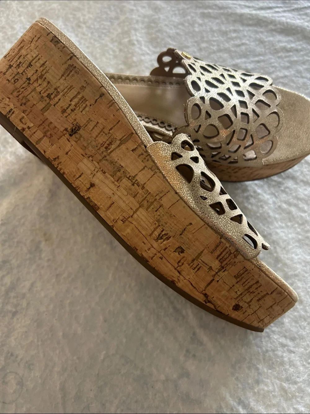 Tory Burch Champagne Laser-Cut Cork Wedge Slides